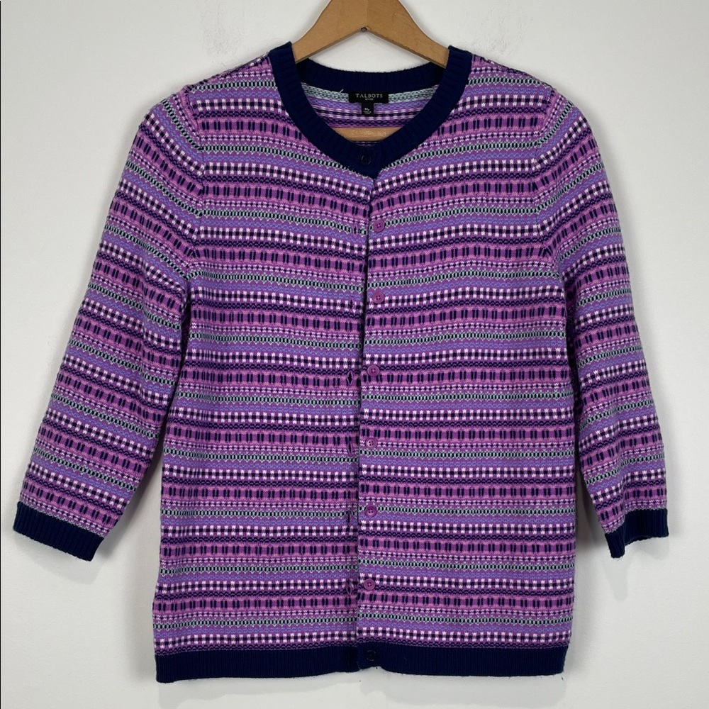 Talbots Women’s Medium Petite Cardigan Purple Pink Patterned Nylon/Lambswool